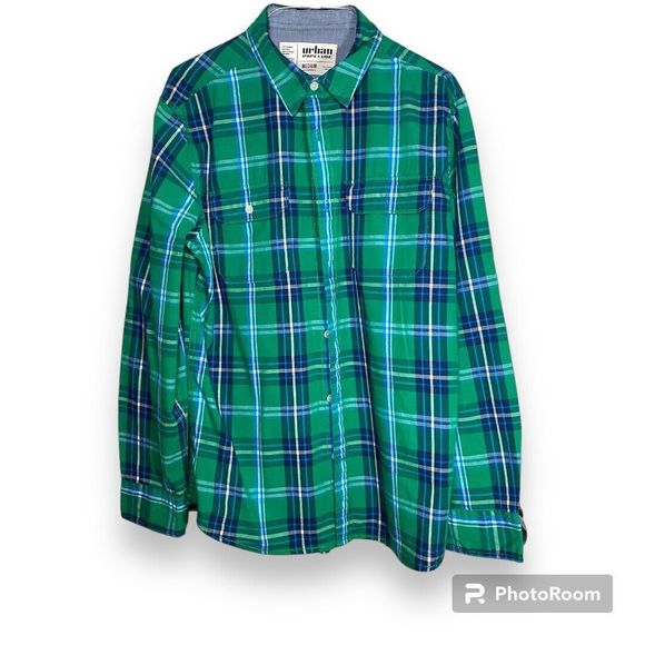Urban Pipeline Shirt Mens Medium M Green Blue Plaid Button Up Casual - Picture 1 of 8